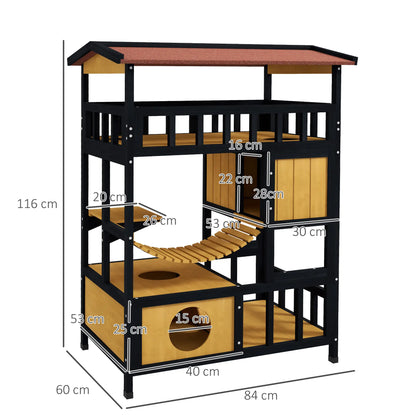 PawHut Outdoor Cat Shelter, Four-Tier Wooden Feral Cat House with Suspension Bridge, Balcony, Escape Doors