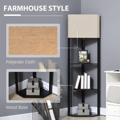 HOMCOM Corner Floor Lamp with Shelves, Modern Tall Standing Lamp with Chain Switch for Living Room, Bedroom, Black