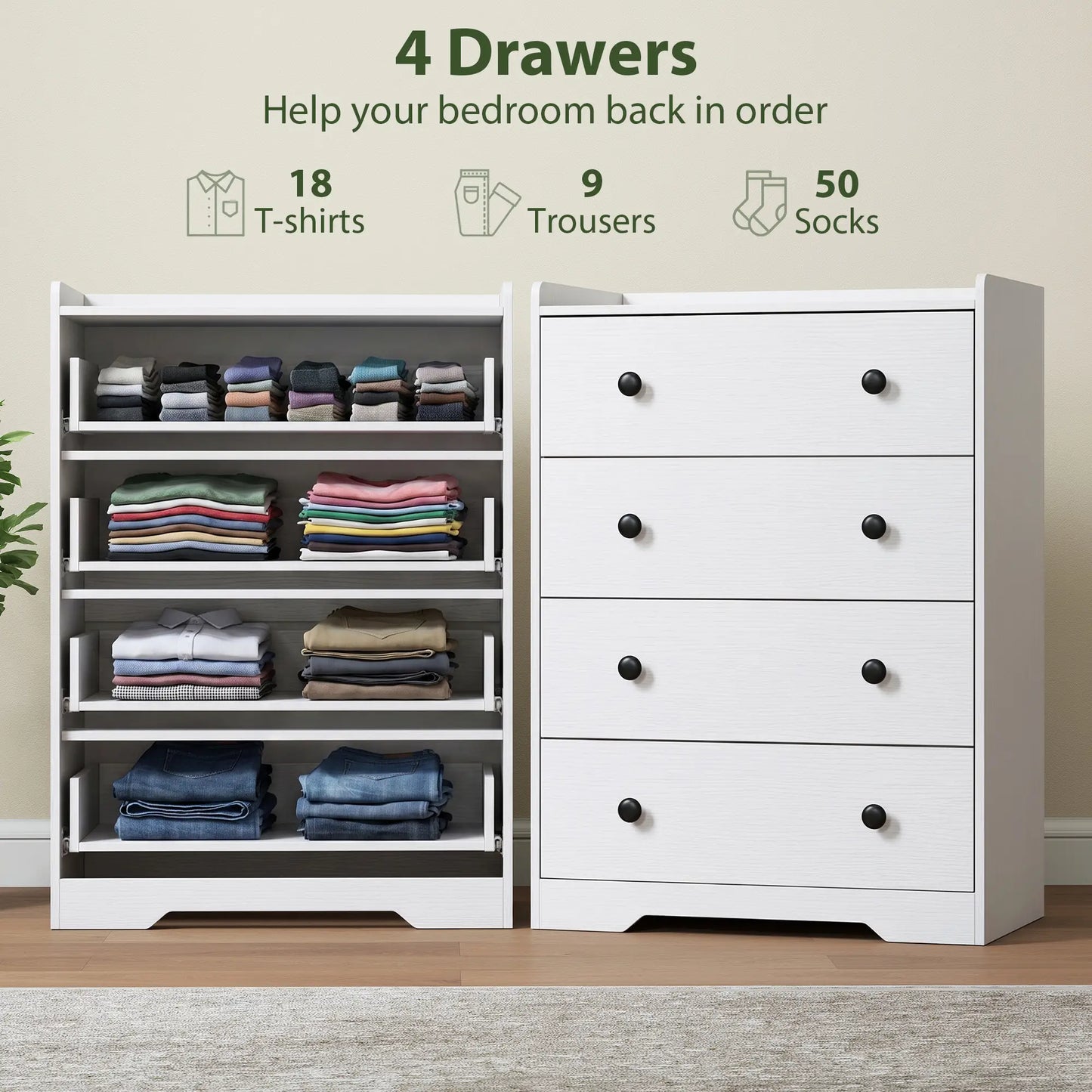 HOMCOM 4 Drawer Chest of Drawers, Modern Dresser for Bedroom, Storage Cabinet, White Wood Effect