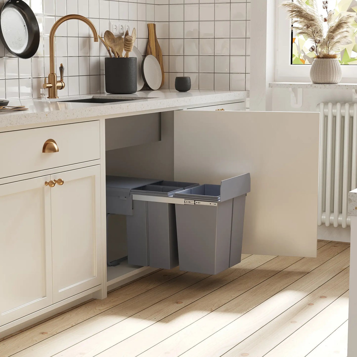 HOMCOM Kitchen Recycle 2 x 20L Waste Bin Pull Out Soft Close Dustbin Recycling Cabinet Trash Can, Grey