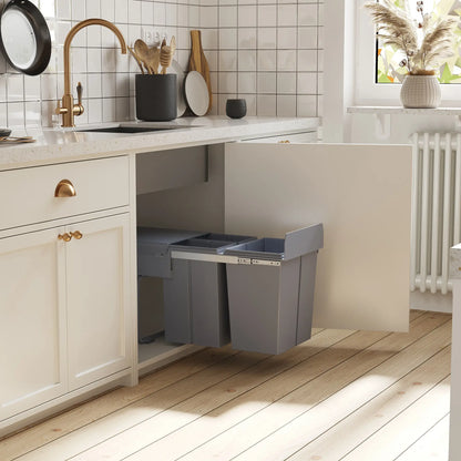 HOMCOM Kitchen Recycle 2 x 20L Waste Bin Pull Out Soft Close Dustbin Recycling Cabinet Trash Can, Grey