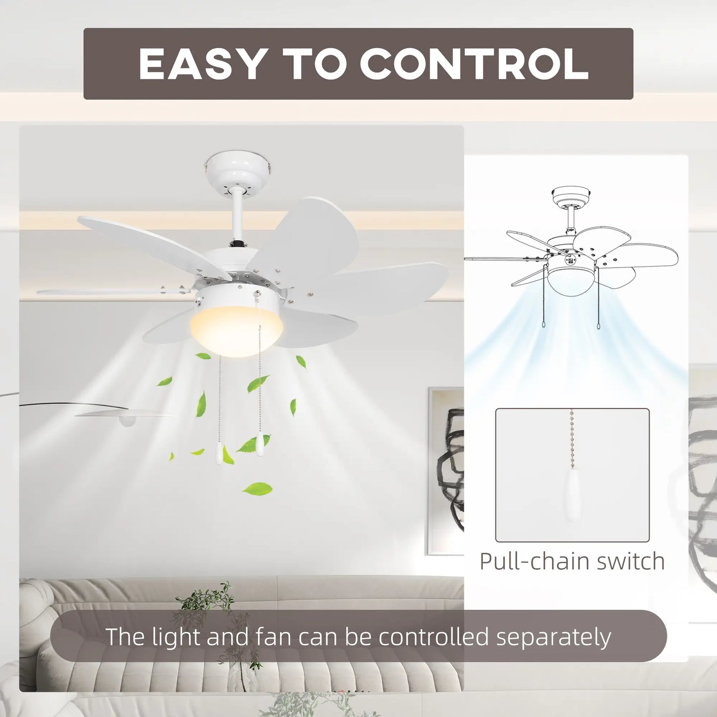 HOMCOM Ceiling Fan with LED Light, Flush Mount Ceiling Fan Lights with 6 Reversible Blades, Pull-Chain Switch, White