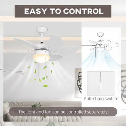 HOMCOM Ceiling Fan with LED Light, Flush Mount Ceiling Fan Lights with 6 Reversible Blades, Pull-Chain Switch, White