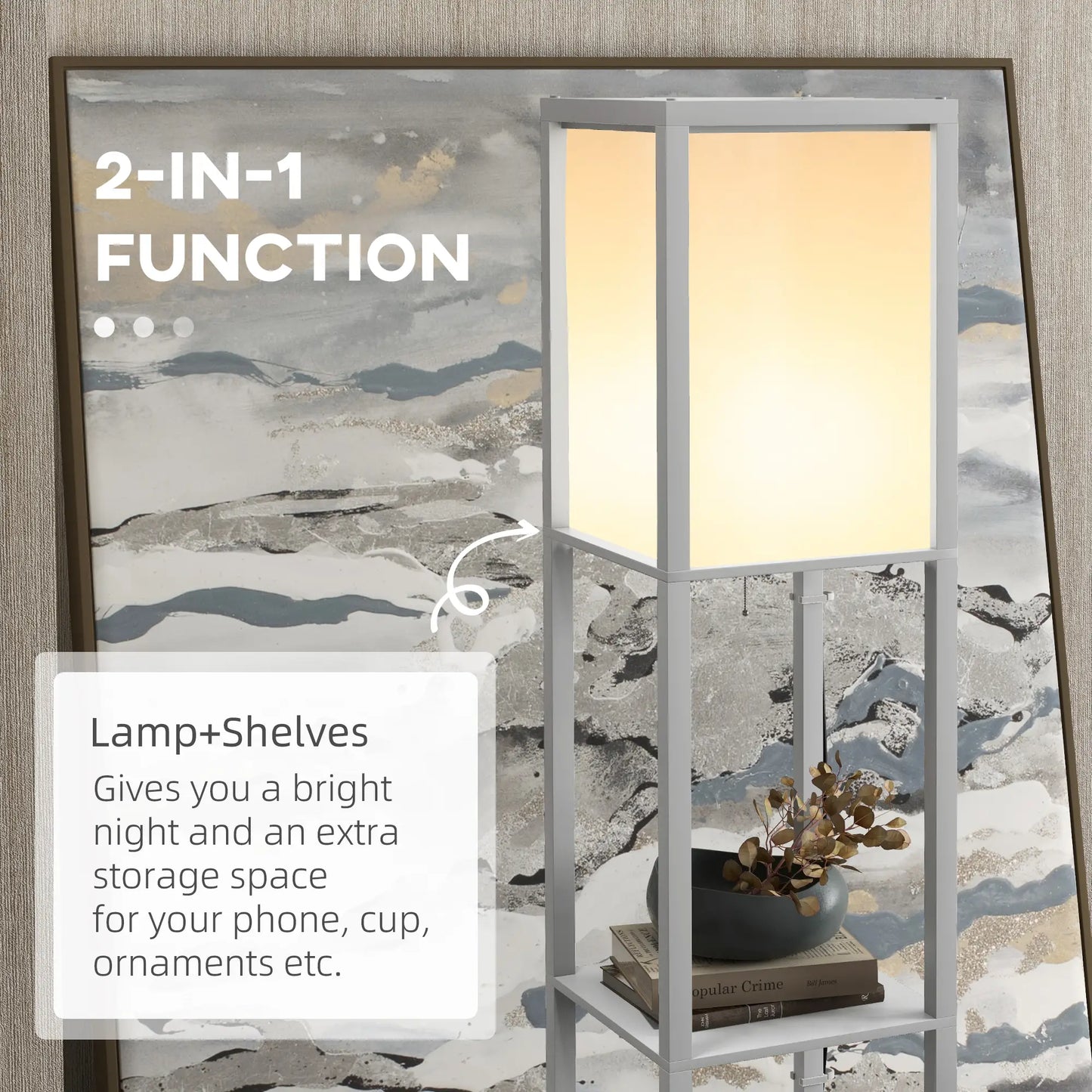 HOMCOM Modern Standing Shelf Floor Lamp with Dual Ambient Light, Living Room, Bedroom, Grey