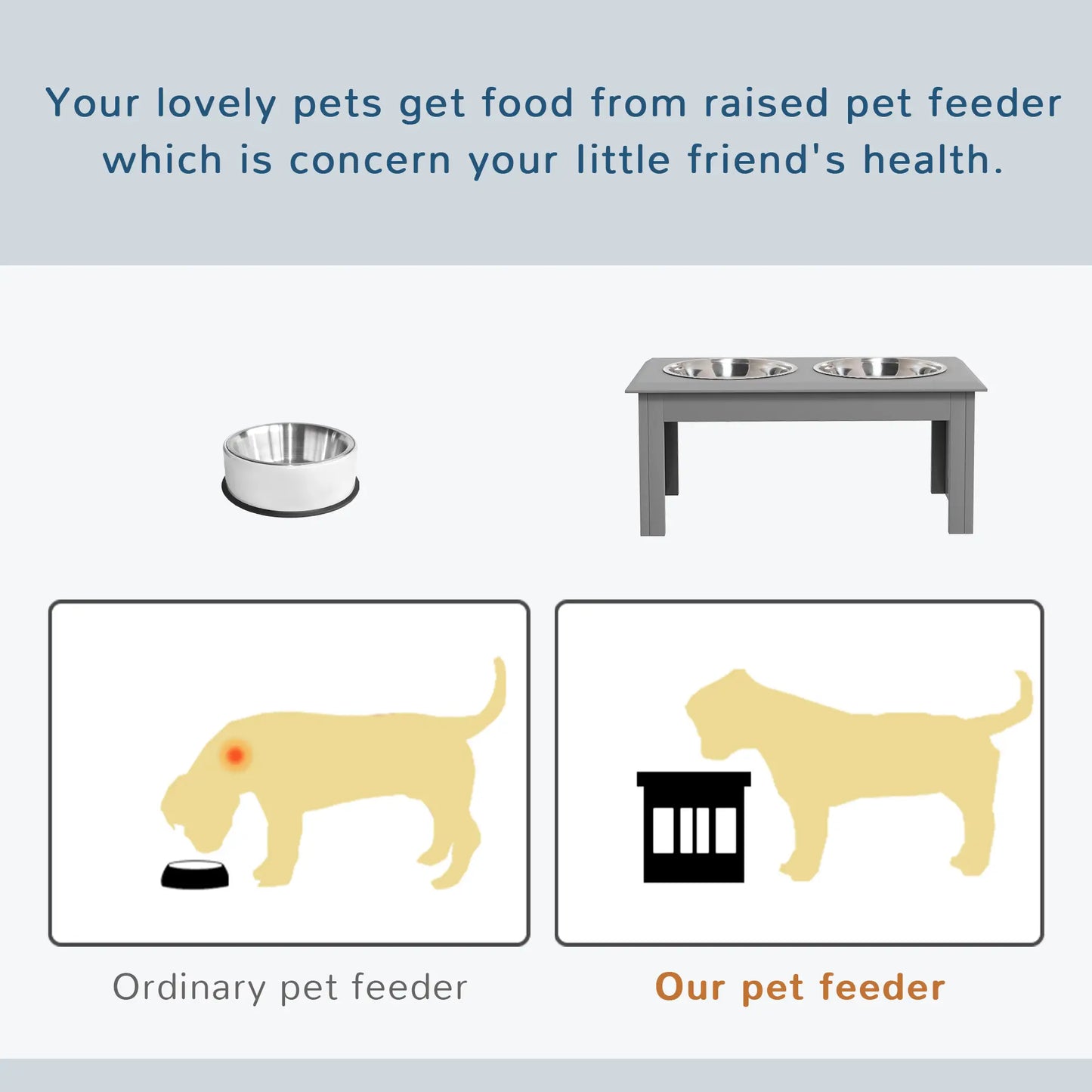 PawHut Raised Dog Feeding Bowls with Stand, Stainless Steel for Medium Dog - Grey
