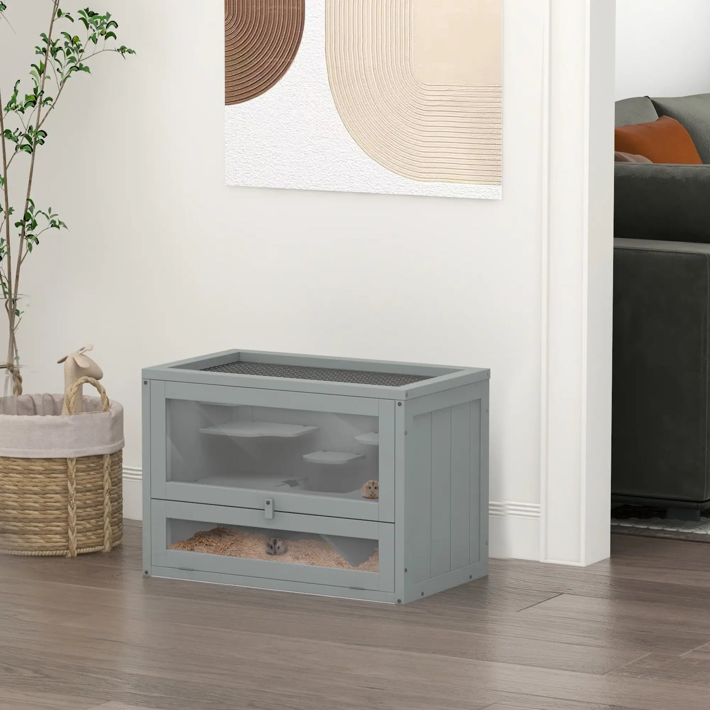 PawHut Wooden Hamster Cage Mouse Mice Rodent Small Animals Hutch Play House 60 x 35 x 42cm, Grey