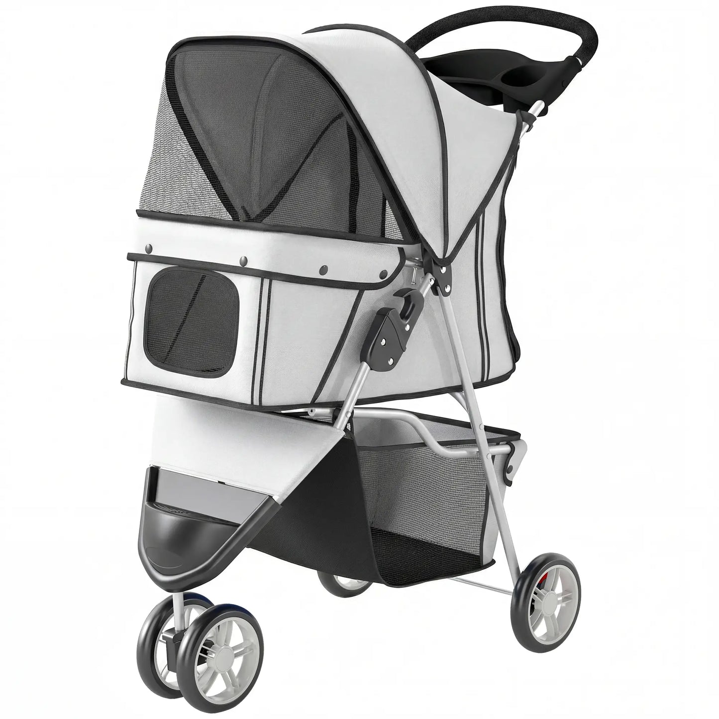 PawHut Dog Stroller, 3 Wheels Foldable Pet Stroller with Adjustable Canopy, Storage Basket for Small Mini Breeds, Grey