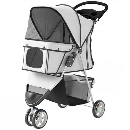 PawHut Dog Stroller, 3 Wheels Foldable Pet Stroller with Adjustable Canopy, Storage Basket for Small Mini Breeds, Grey