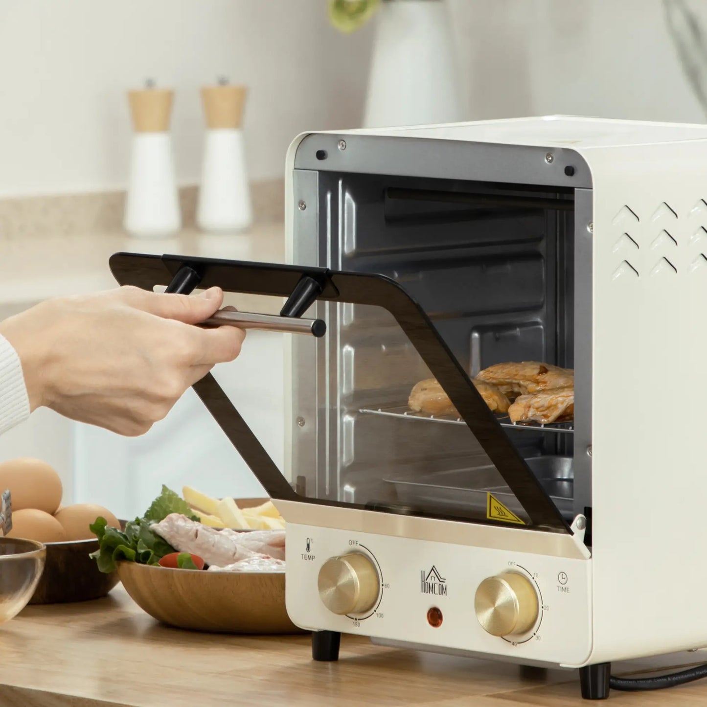 HOMCOM 15 Litres Electric Mini Oven, Grill with 60-230℃ Adjustable Temperature, 1000W, Cream White