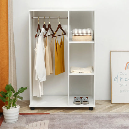 HOMCOM Open Wardrobe on Wheels, Bedroom Wardrobe with Clothes Hanging Rail, 3 Storage Shelves Rack, White
