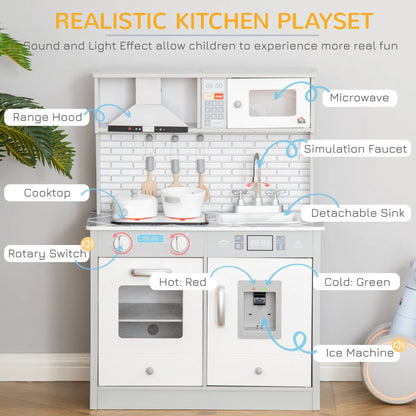 Kids Wooden Toy Kitchen Pretend Play Cooking Playset w/ Sound & Light Effect, Battery Operated Cooktop, Marble Pattern Countertop