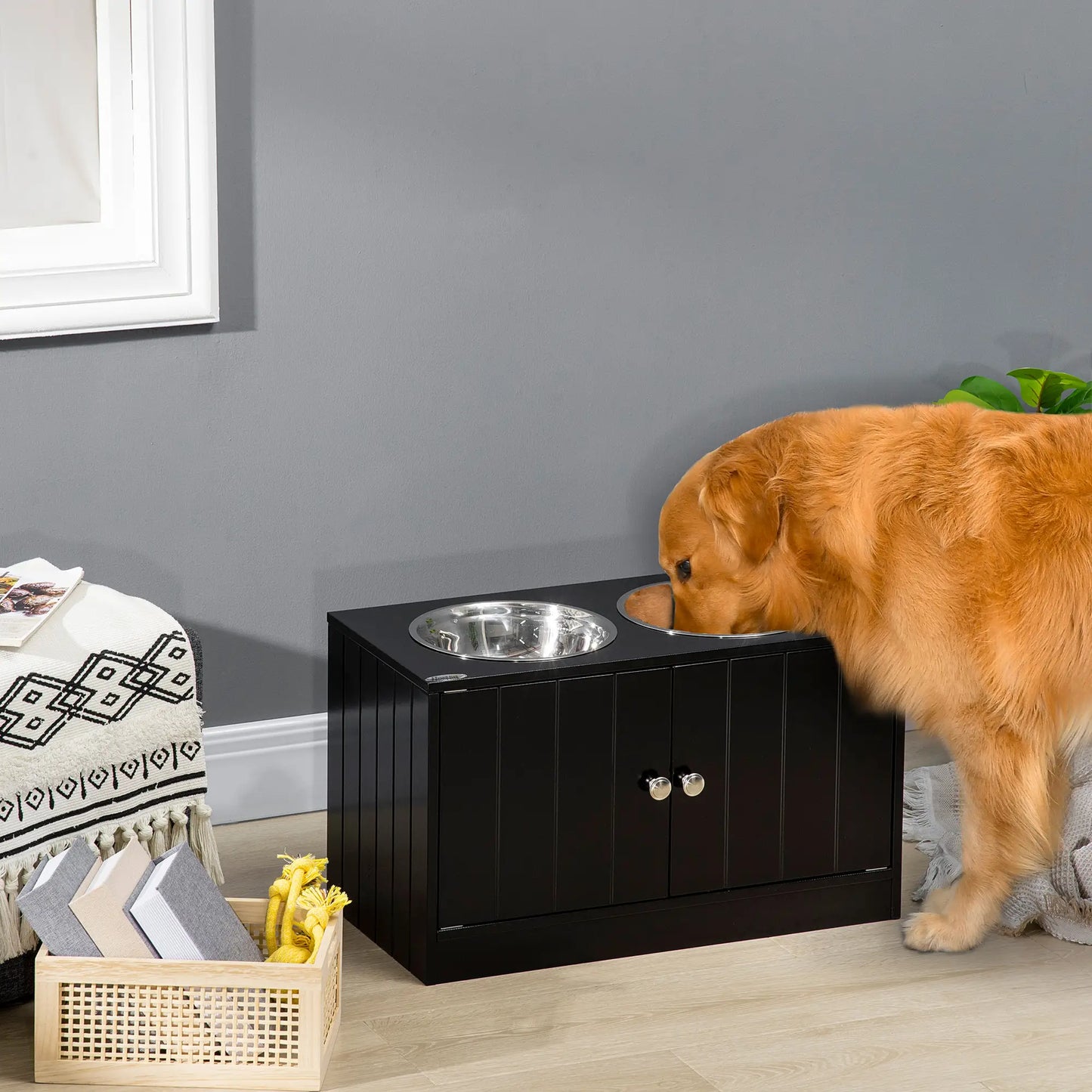 PawHut Raised Pet Dog Feeder, with Two Bowls, Storage - Black