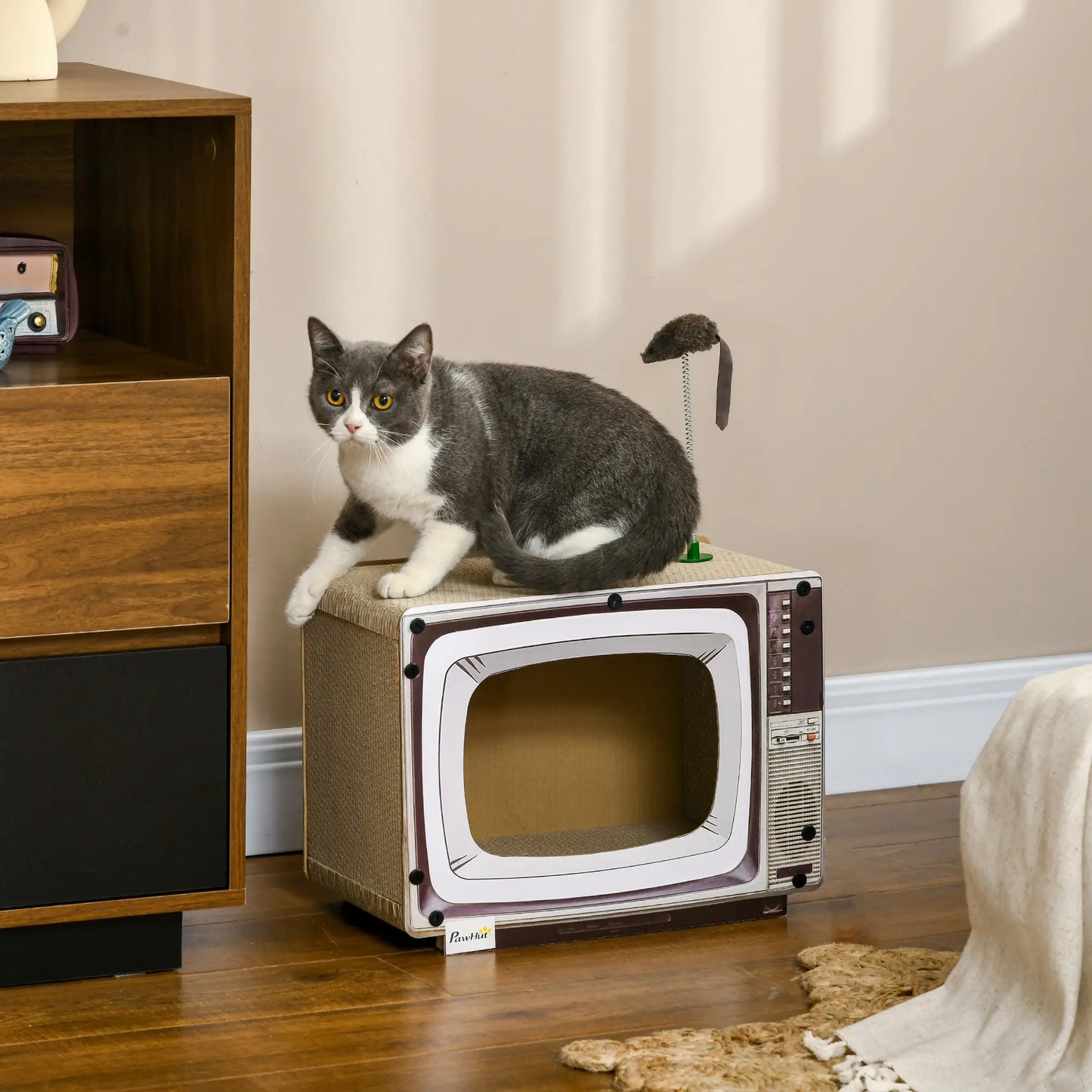 PawHut TV-Shaped Scratching Board with Scratcher, Catnip, Toy Rat, Cat Scratcher for Indoor Cats