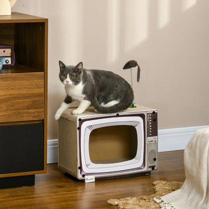PawHut TV-Shaped Scratching Board with Scratcher, Catnip, Toy Rat, Cat Scratcher for Indoor Cats