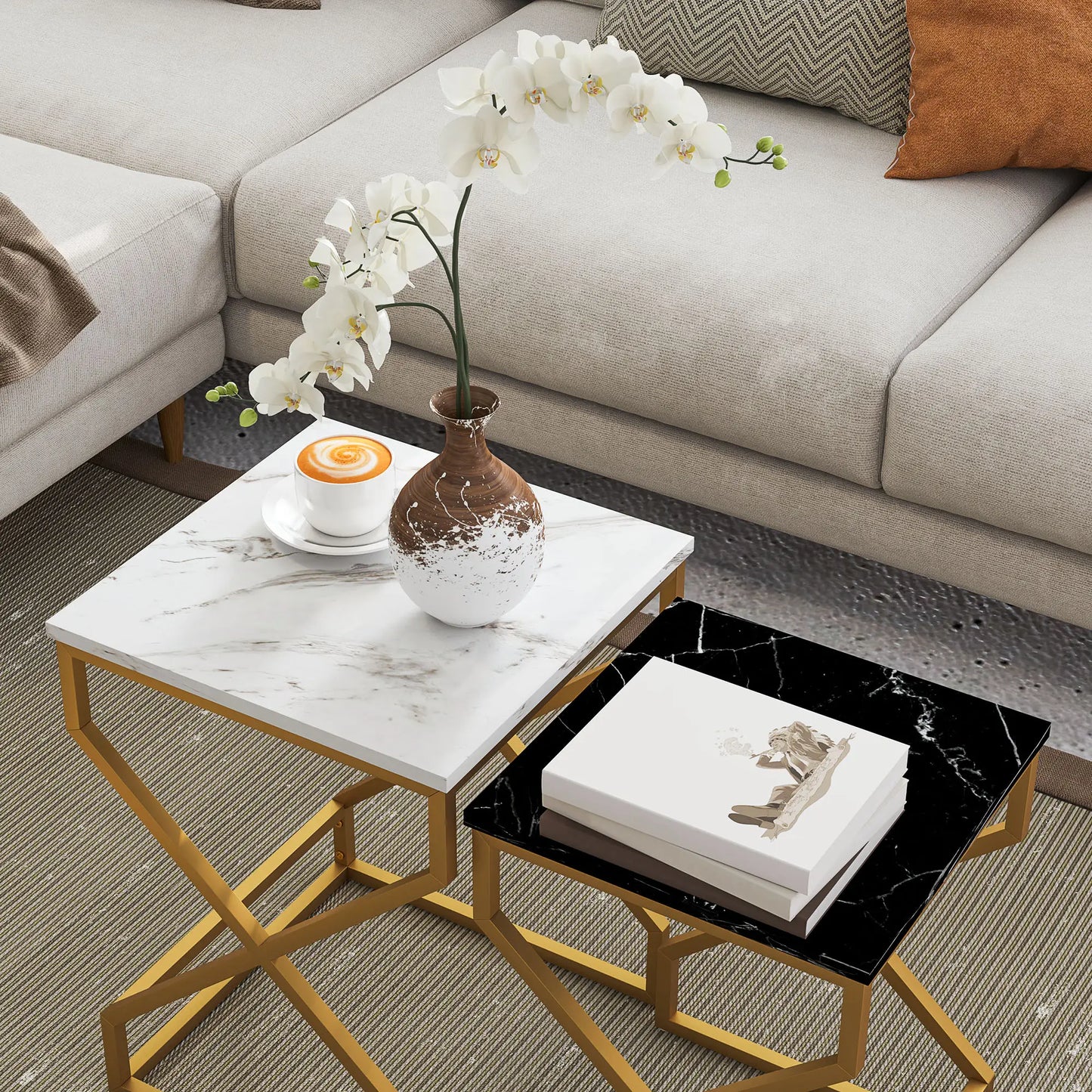HOMCOM Set of Two Side Table Marble-Effect Nesting Bedside Tables