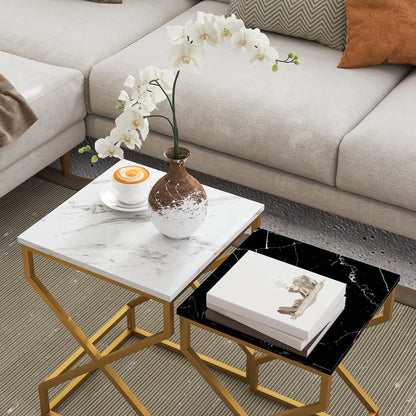 HOMCOM Set of Two Side Table Marble-Effect Nesting Bedside Tables
