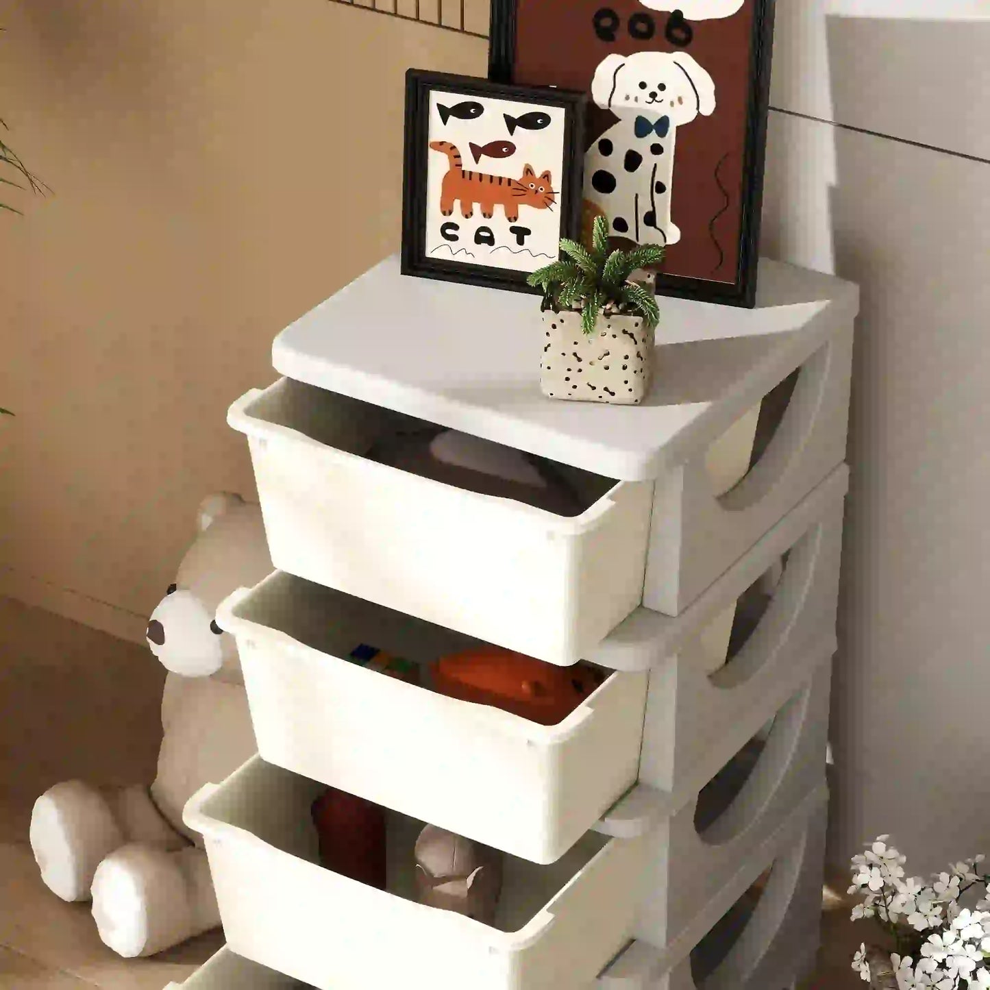HOMCOM Four-Tier Kids Storage Boxes with Four Drawers - Cream