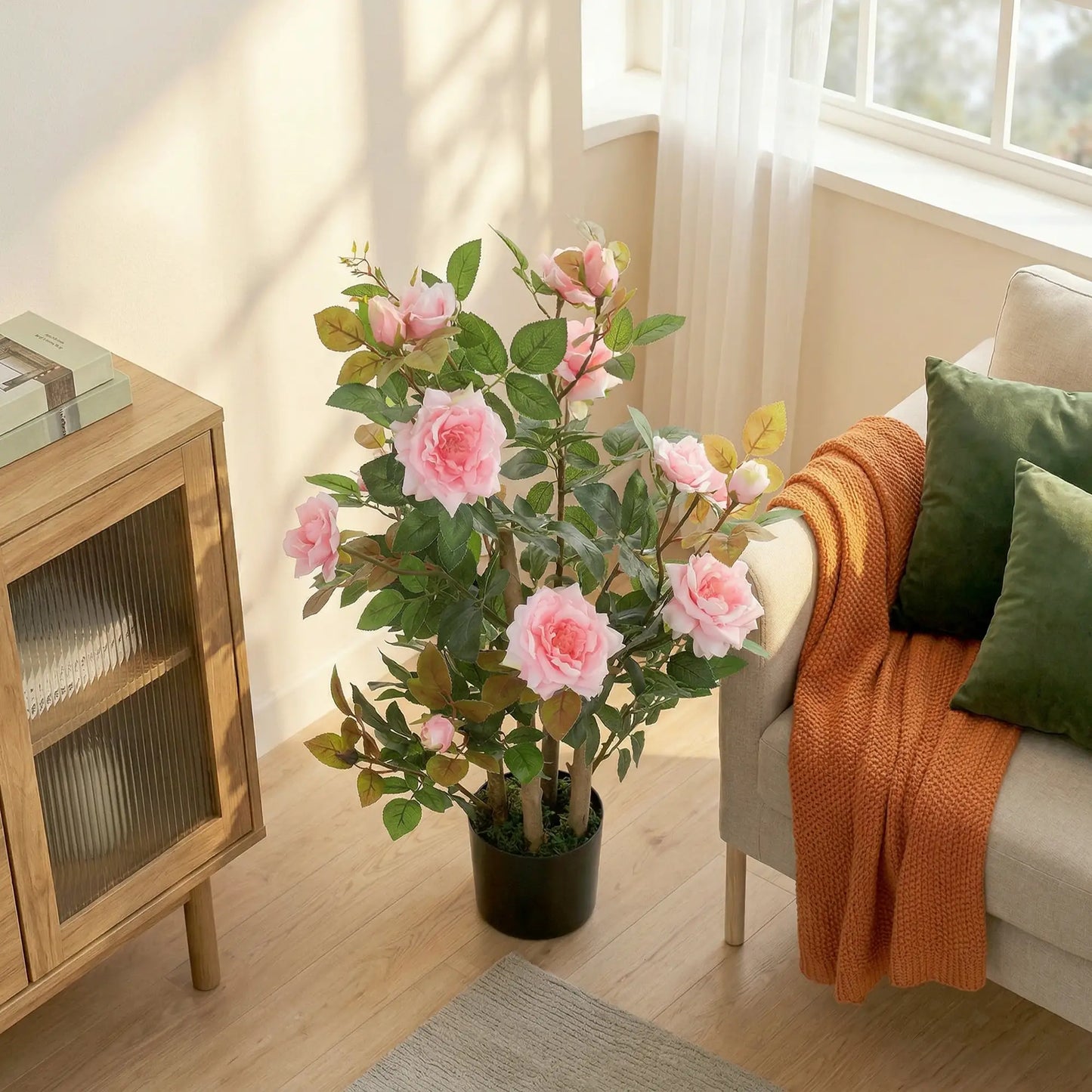 HOMCOM Artificial Rose Tree, Decorative Fake Plant with 344 Silk Leaves 17 Flowers for Outdoor Indoor Decor, Pink