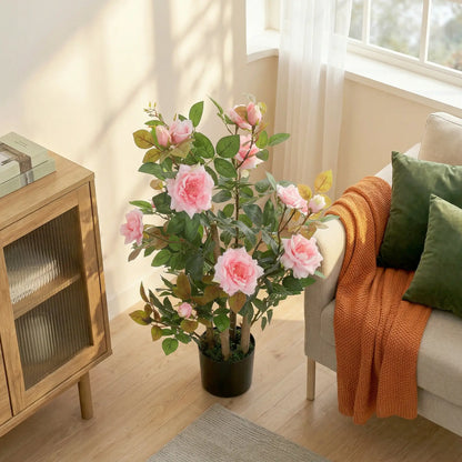 HOMCOM Artificial Rose Tree, Decorative Fake Plant with 344 Silk Leaves 17 Flowers for Outdoor Indoor Decor, Pink