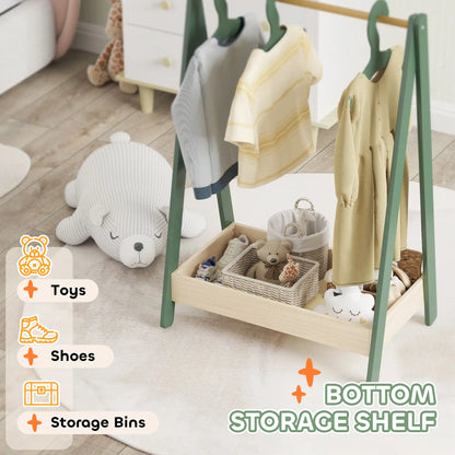 AIYAPLAY Kids Clothes Rail with 3 Hangers, Bottom Storage Shelf for Girls, Boys, Nursery, Bedroom, Green