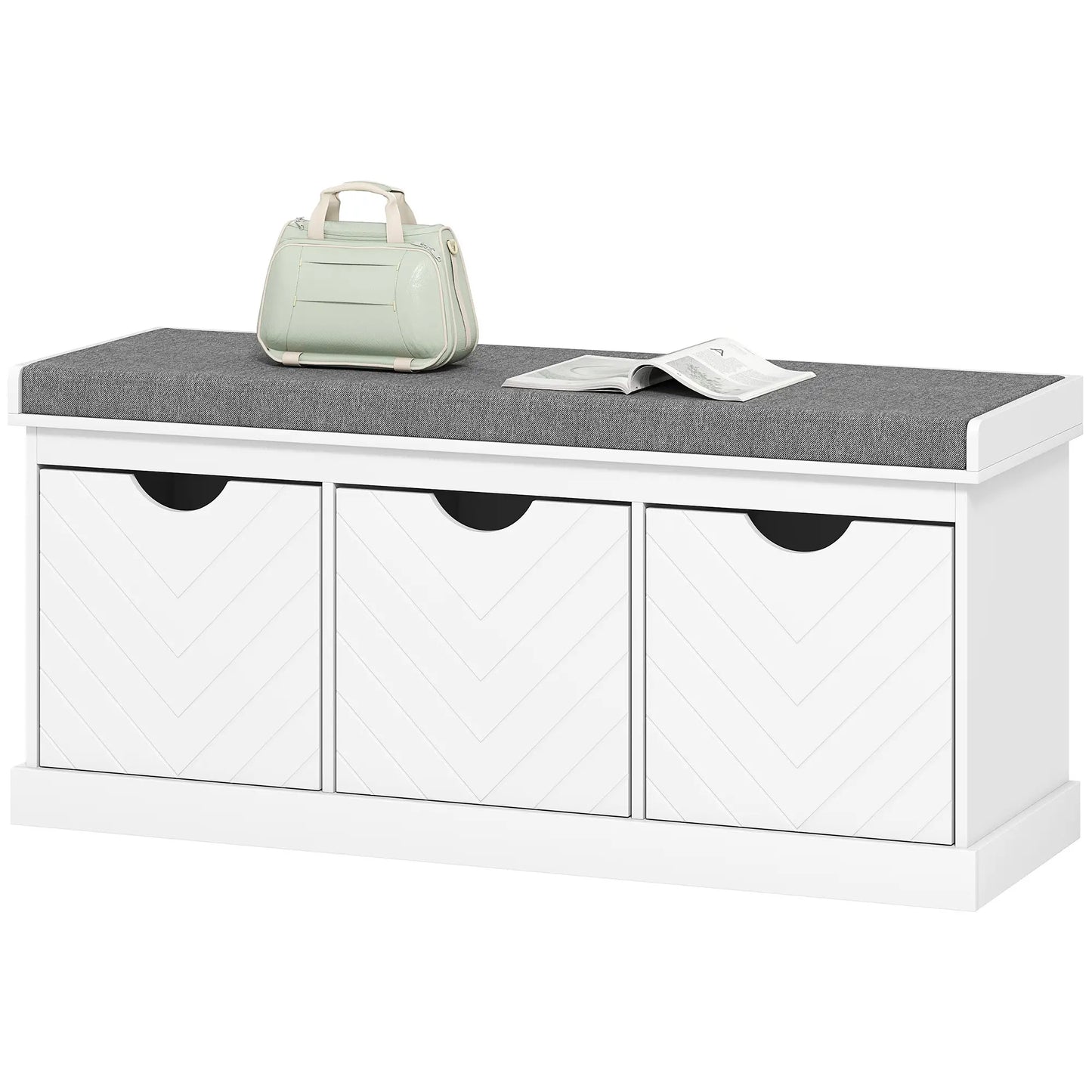 HOMCOM 3-Drawer Padded Shoe Storage Bench with Breathable & Washable Linen-Look Cover, White