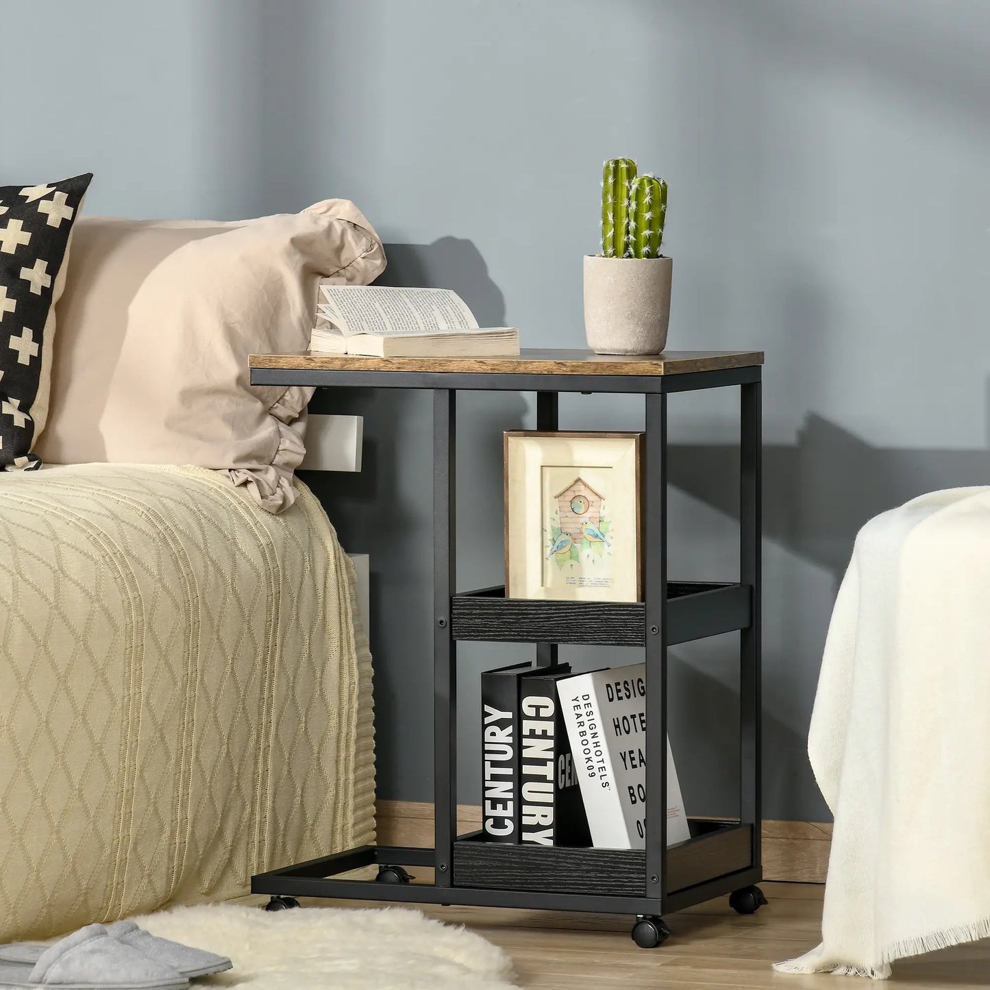 HOMCOM Industrial Mobile Sofa Side Table C-Shaped Rolling Couch Table with 3-Tier Storage Shelving Four Lockable Wheels - Brown