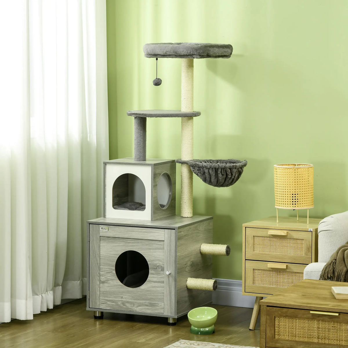 PawHut Enclosed Cat Litter Box with Cat House, Cat Bed, Scratching Posts for Indoor Cats - Grey