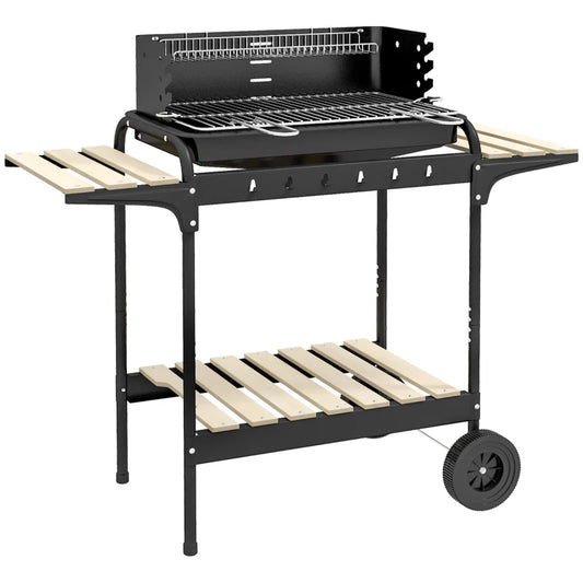 Outsunny Charcoal Barbecue Grill with Adjustable Height, Portable BBQ Trolley with Ash Catcher for Outdoor Garden Party Cooking, Black