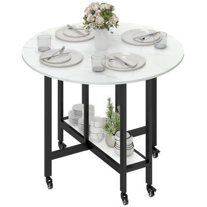 HOMCOM Folding Dining Table, Drop Leaf Table with Open Shelf, Rolling Kitchen Table for Small Spaces, White Marble