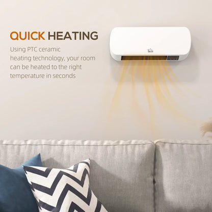 HOMCOM 2000W Wall Mounted Ceramic Electric Space Heater, 10-49°C Temperature, White