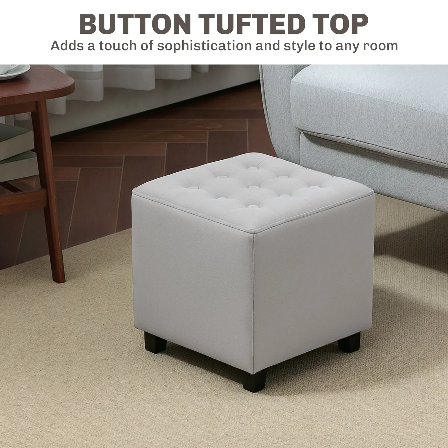 HOMCOM Velvet-Feel Square Ottoman Lightweight Footstool - Light Grey