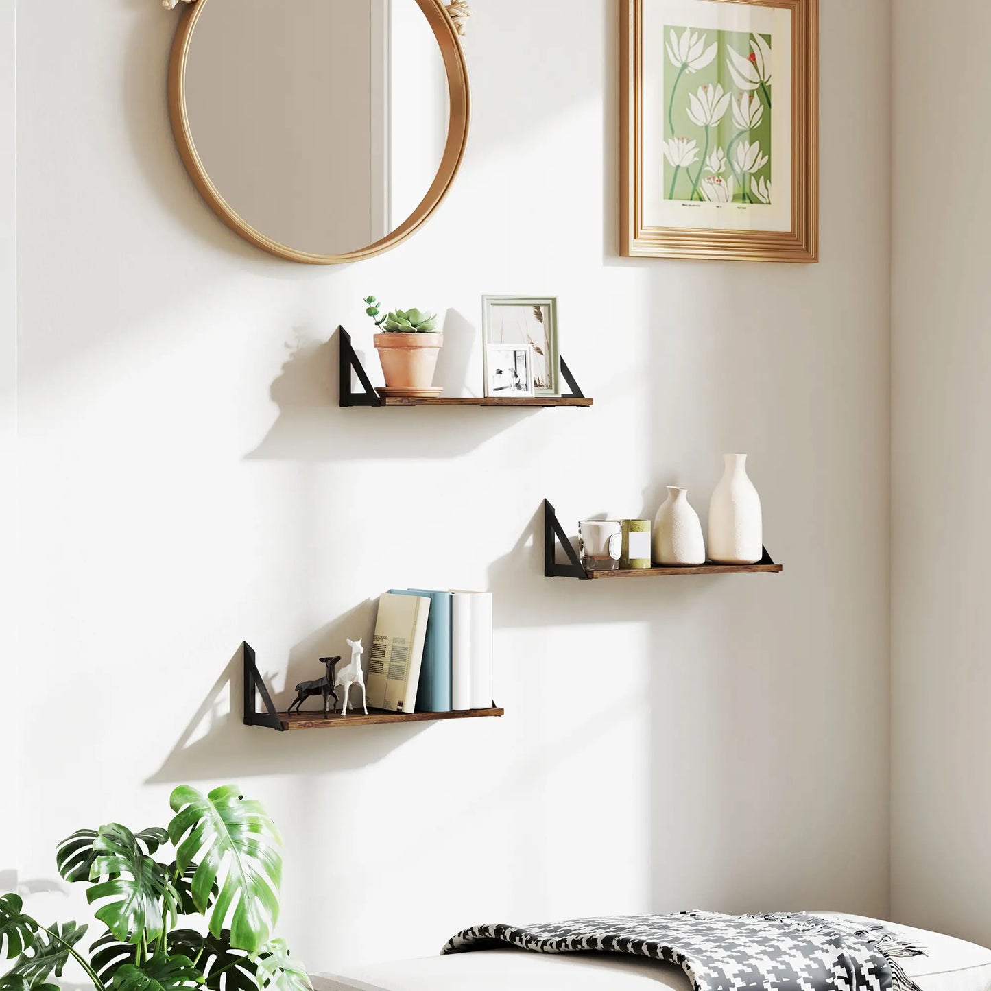 HOMCOM Set of 3 Wall Shelves, Vintage Wall Mounted Floating Shelves for Living Room, Bedroom, Rustic Brown