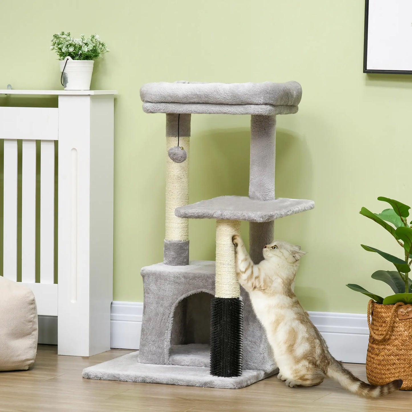 PawHut Cat Tree for Indoor Cats Climbing Tower Kitten Scratch Post Activity Center Kitten with Massage Toy Hanging Ball