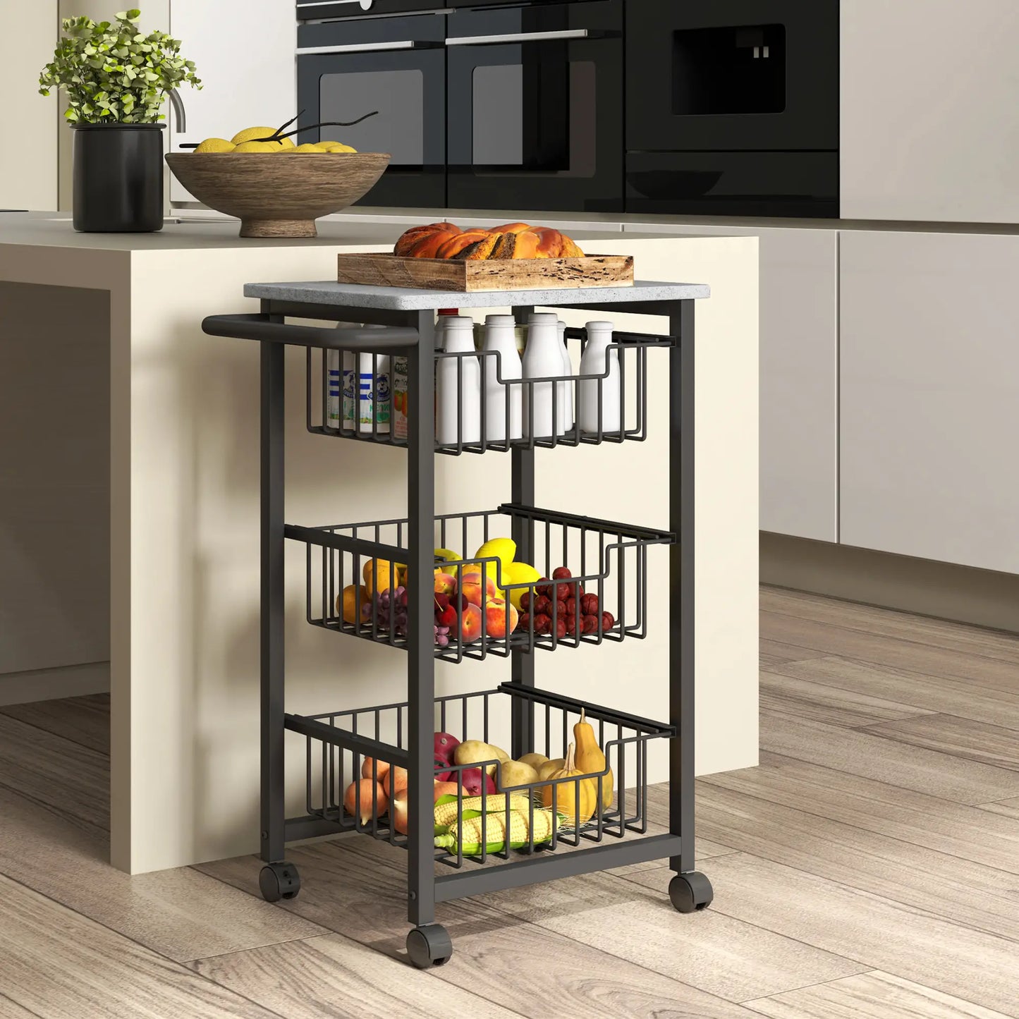 HOMCOM Three Basket Mobile Kitchen Island, with Brakes - Grey/Black