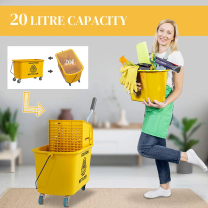HOMCOM Mop Bucket with Wringer Set on Wheels for Floor Cleaning, 20 Litre Side Press Wringer with Handle, Yellow