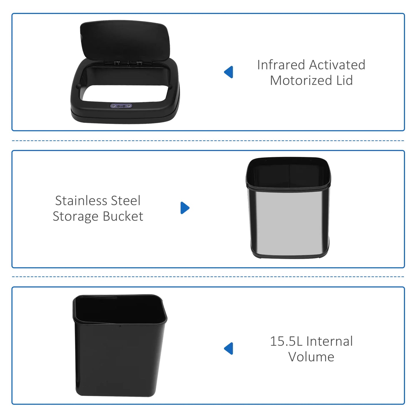HOMCOM 20L LUXURY Automatic Sensor Dustbin Kitchen Waste Bin Rubbish Trashcan Auto Dustbin Stainless Steel with Bucket