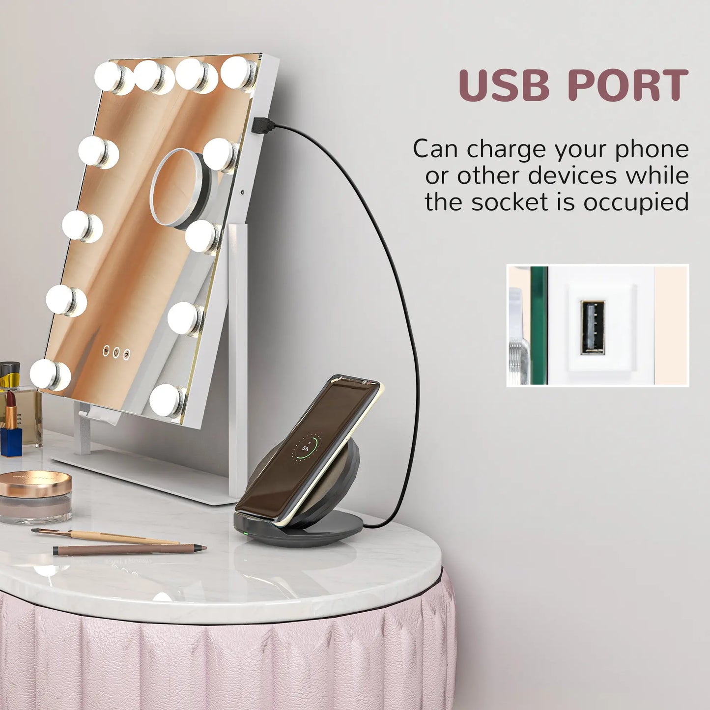 HOMCOM 12 LED Bulb Dressing Table Tabletop Makeup Mirror, with Adjustable Settings