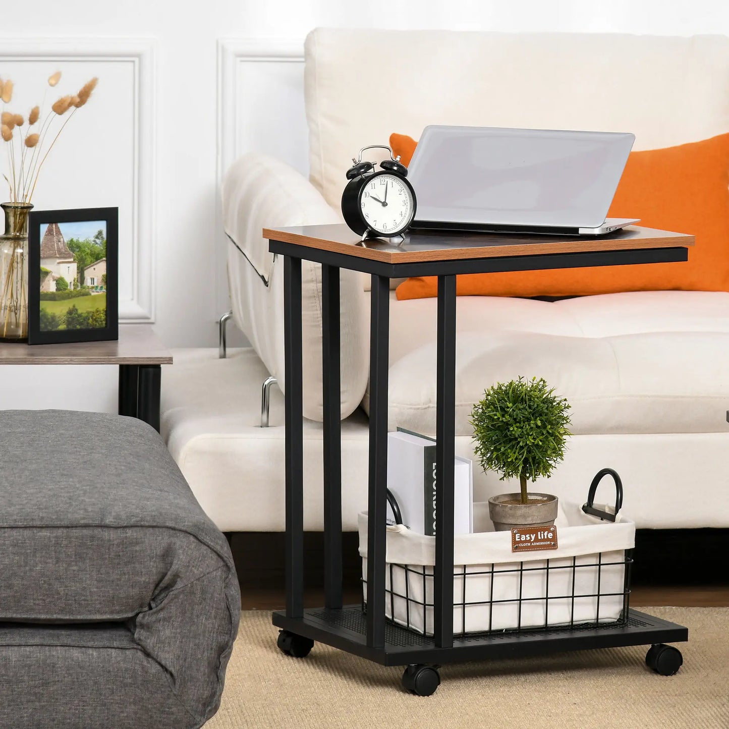 HOMCOM C Shaped Side Table with Wheels, Mobile End Table, Laptop Stand with Metal Frame & Storage Shelf, Rustic Brown