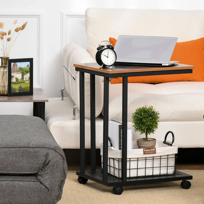 HOMCOM C Shaped Side Table with Wheels, Mobile End Table, Laptop Stand with Metal Frame & Storage Shelf, Rustic Brown