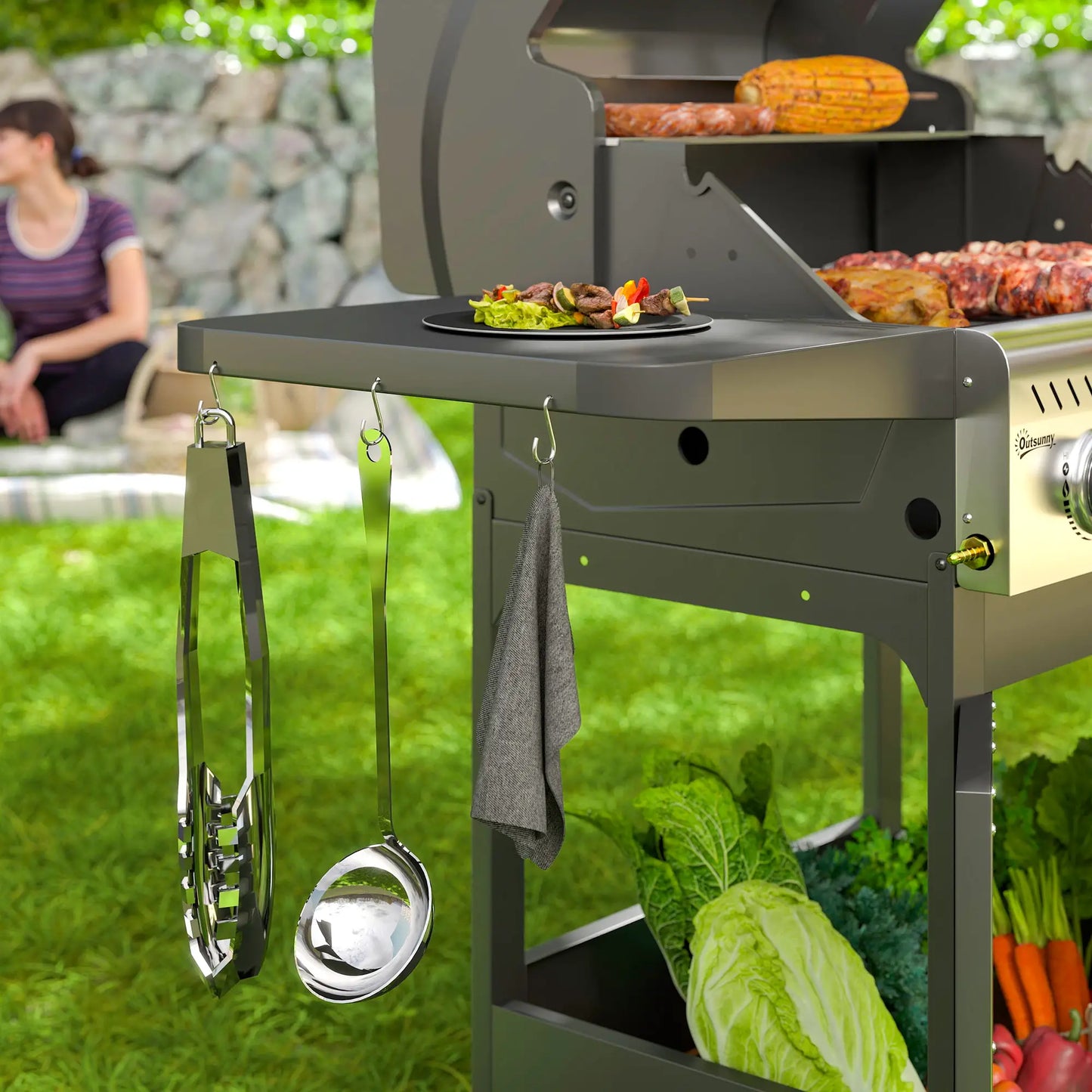 Outsunny 7.5kW Three-Burner Barbecue Gas BBQ Grill with See-Through Lid - Black