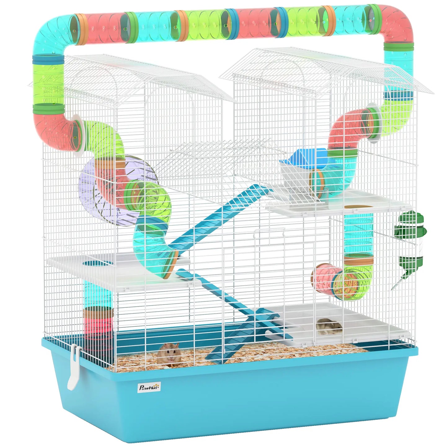 PawHut 4 Tier Hamster Cage w/ Tubes, Exercise Wheel, Hut, Water Bottle, Ramps for Dwarf Hamster, Light Blue