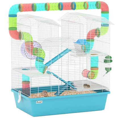 PawHut 4 Tier Hamster Cage w/ Tubes, Exercise Wheel, Hut, Water Bottle, Ramps for Dwarf Hamster, Light Blue