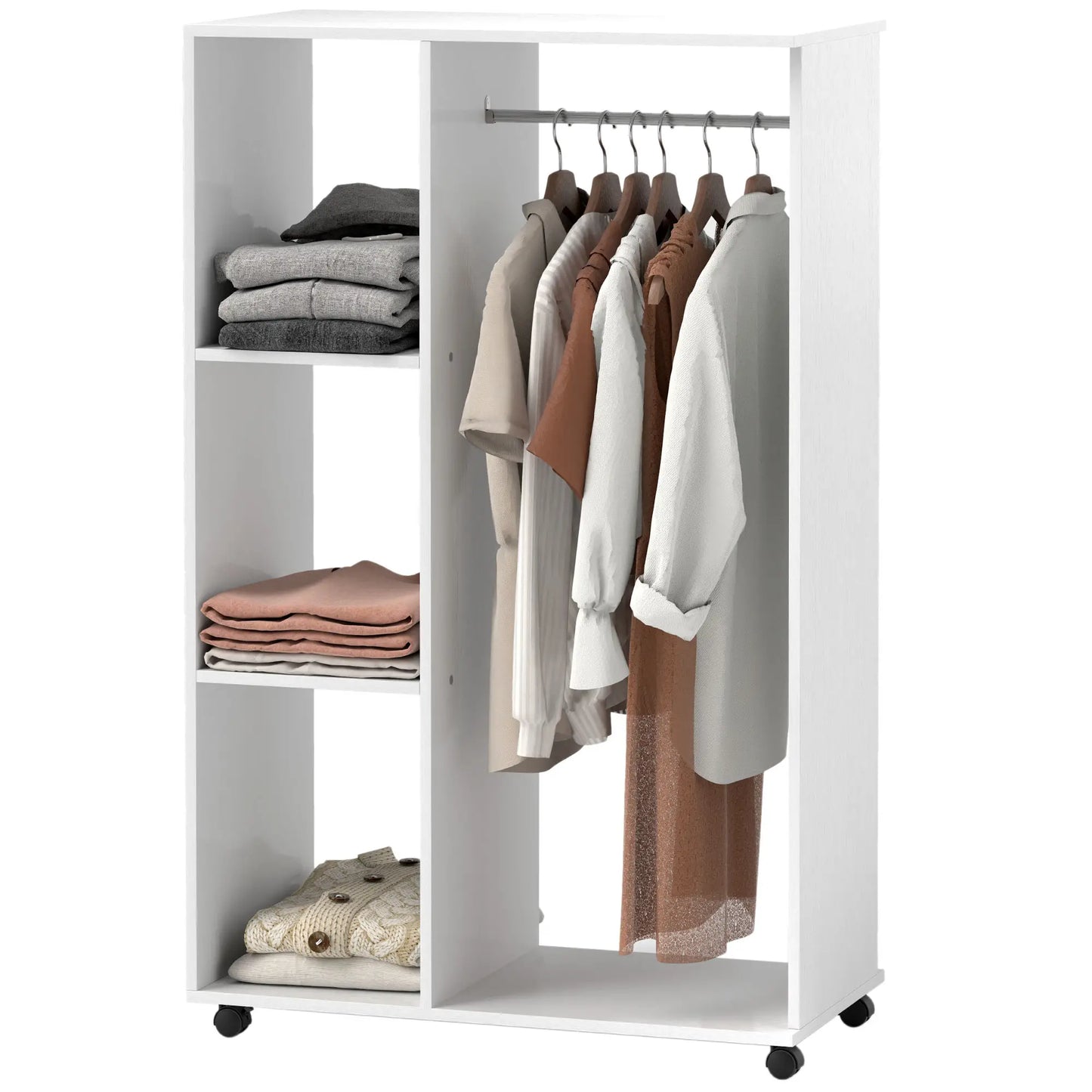 HOMCOM Open Wardrobe on Wheels, Bedroom Wardrobe with Clothes Hanging Rail, 3 Storage Shelves Rack, White