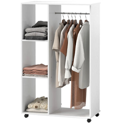 HOMCOM Open Wardrobe on Wheels, Bedroom Wardrobe with Clothes Hanging Rail, 3 Storage Shelves Rack, White