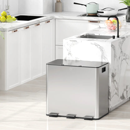 HOMCOM 3 x 15L Pedal Bin, Steel Triple Kitchen Bin with Soft Close Lid, Removable Inner Buckets, Fingerprint-Proof, Silver Tone