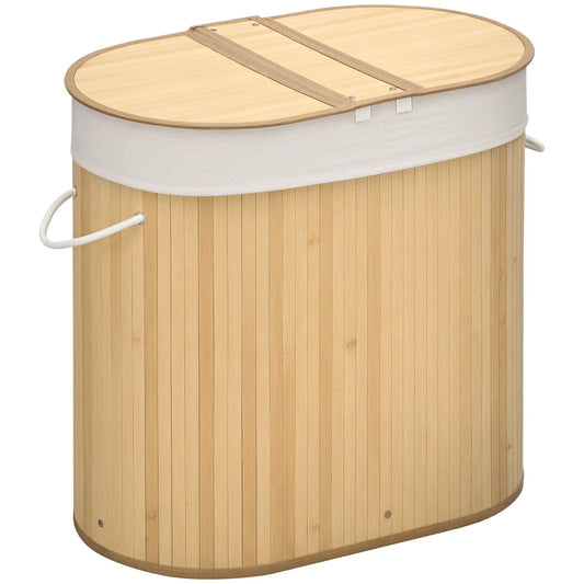 HOMCOM Bamboo Laundry Basket with Lid, 100 Litres Laundry Hamper with 2 Sections, Removable Washable Lining, Washing Baskets