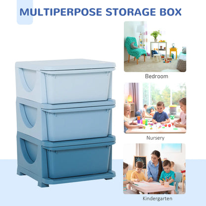 HOMCOM 3 Drawers Plastic Kids Storage Units, 3 Tier Children Toy Chest for Nursery, Playroom, Blue