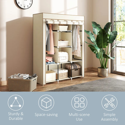 HOMCOM Fabric Cloth Wardrobe Clothes Organizer with Rails and Shelves - Cream White