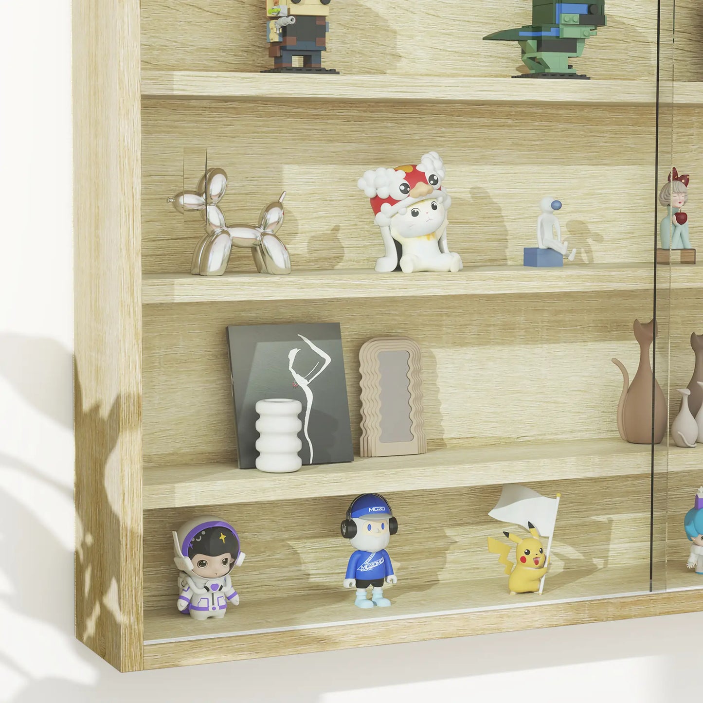 HOMCOM 5-Tier Wall Display Shelf Unit Cabinet w/ 4 Adjustable Shelves Glass Doors Home Office Ornaments, Oak