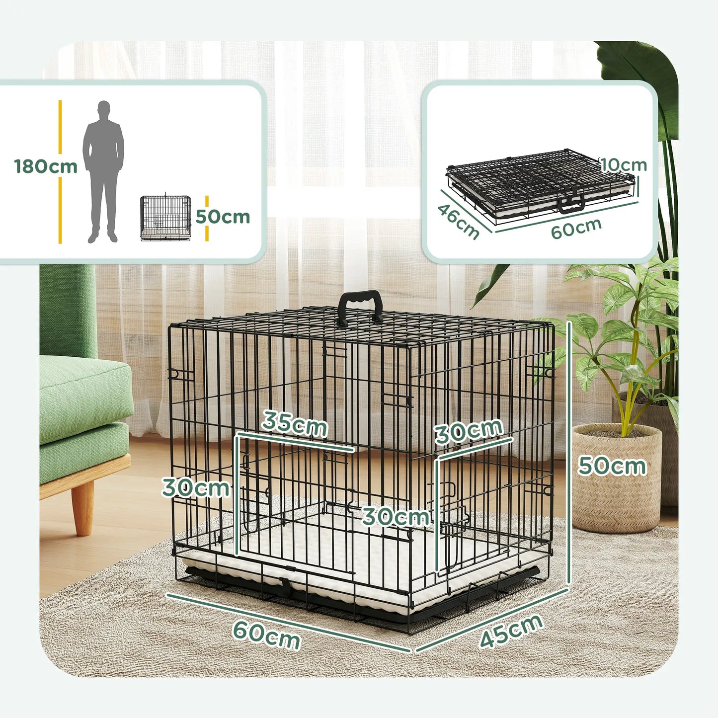PawHut Foldable Dog Crate with Two Doors, Tray & Soft Cushion for Extra Small Dogs, Black